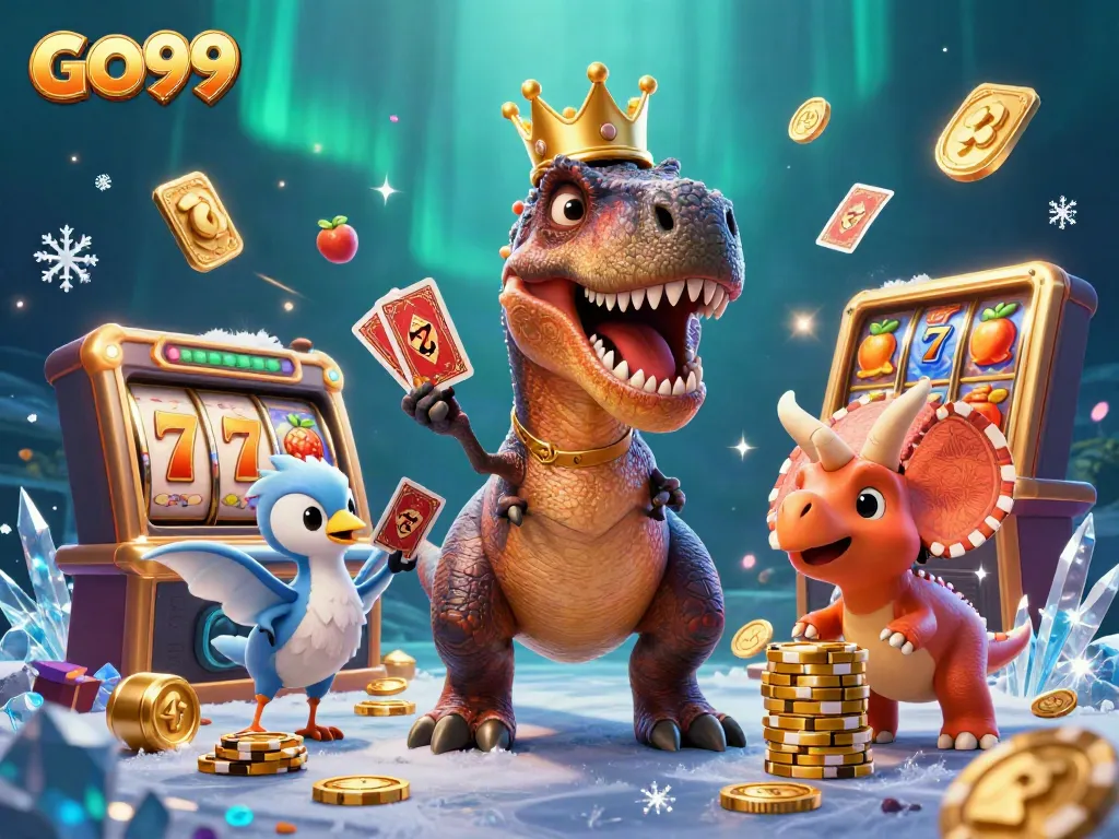 Engage in thrilling slots at GO99 with a T-Rex dealing cards and friend stacking winning chips.