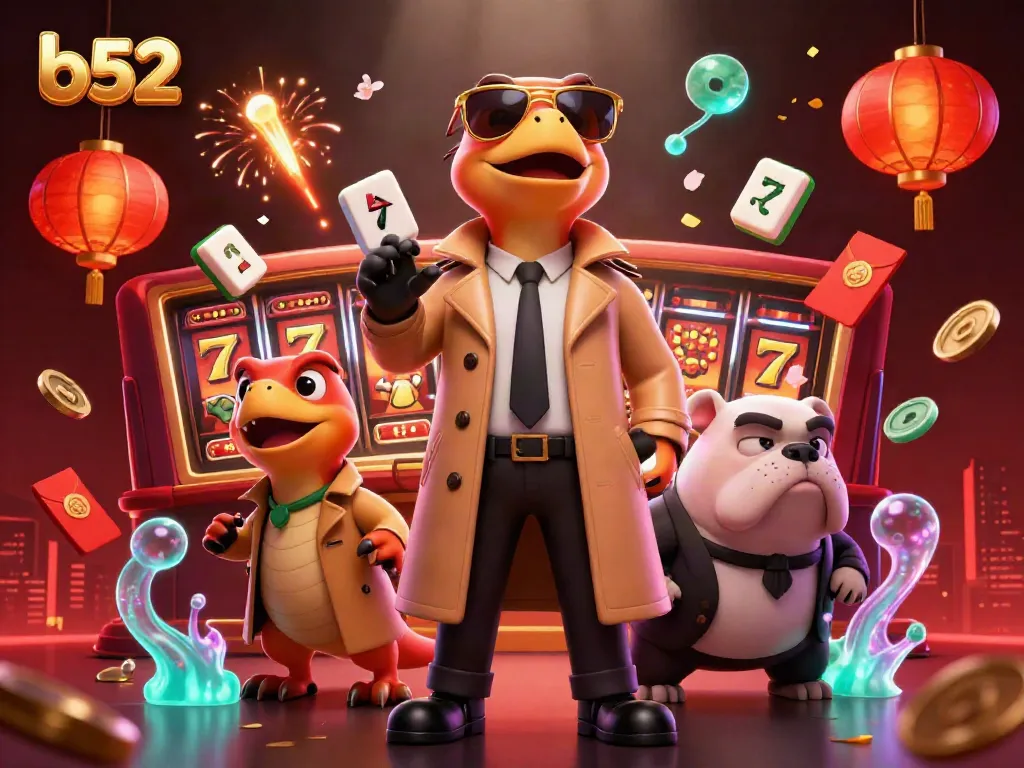Experience the thrill of b52 gaming with cartoon raptors sneaking into a casino, vibrant festive elements surrounding them.