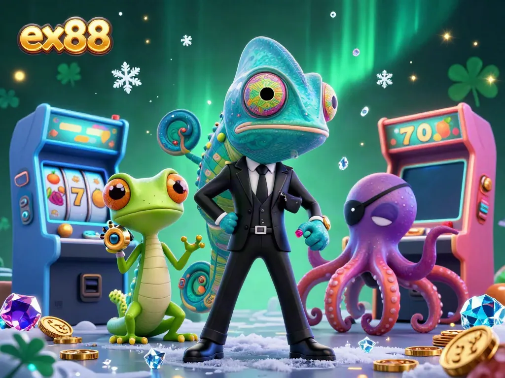 Experience thrilling gameplay with ex88 featuring a secret agent chameleon, gecko companion, and octopus villain in a lively casino scene.
