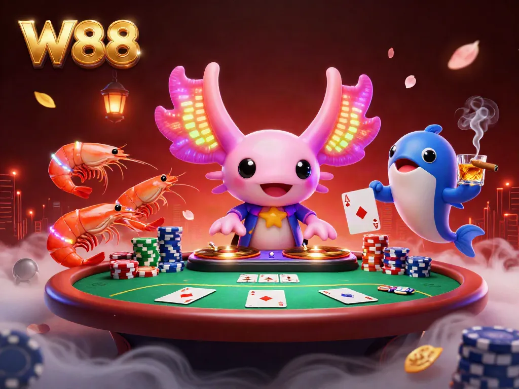 W88 showcases a vibrant underwater casino scene featuring an axolotl DJ and shrimp dancers celebrating with poker elements.