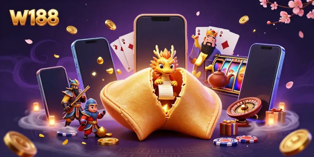 Engage in thrilling gaming at w188 with a vibrant 3D illustration featuring casino elements and lucky icons.