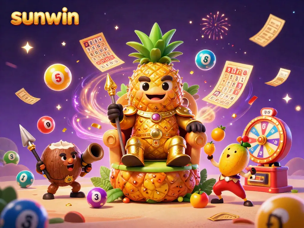 Experience the thrill of sunwin with a vibrant casino-themed 3D illustration featuring entertaining characters.