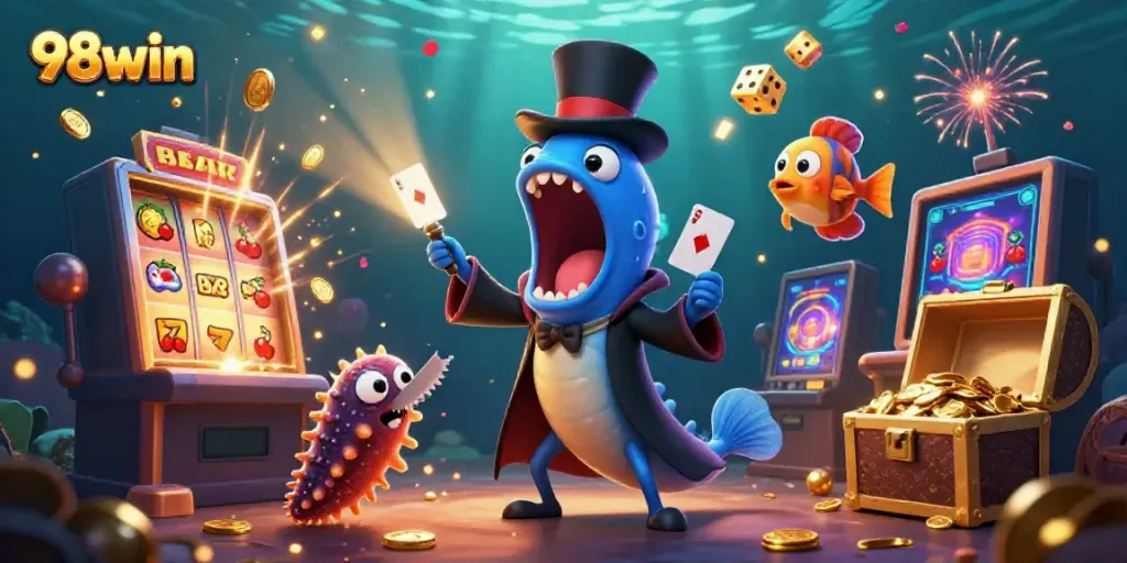Experience thrilling moments at 98win as the bioluminescent eel performs magic tricks among casino-themed excitement.