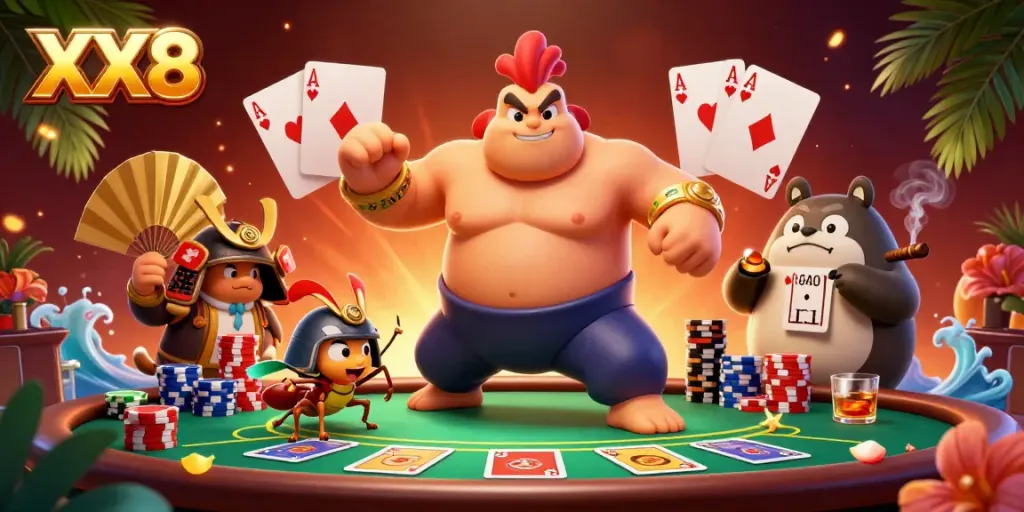 Engage in thrilling poker action with XX8, featuring a powerful sumo wrestler rooster and a samurai cricket.