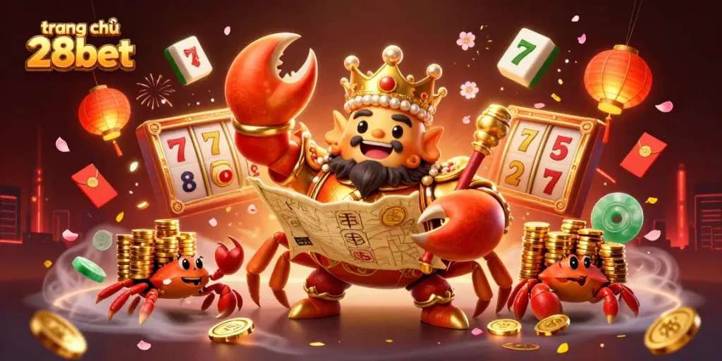 Experience the excitement at trang chủ 28bet with a lively illustration featuring a golden crab emperor amidst vibrant casino elements.