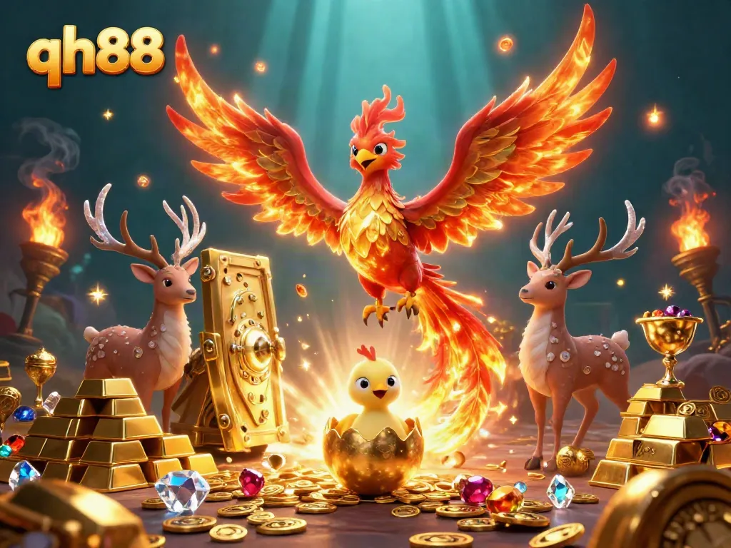 Experience the vibrant world of qh88 with a soaring phoenix, treasures, and casino-themed elements.