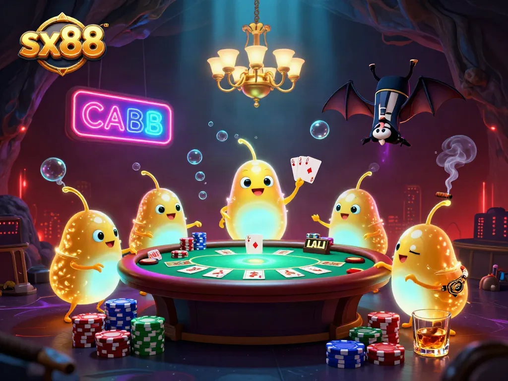 Experience the thrill of sx88 while enjoying a vibrant casino scene with glowworm characters and poker elements.