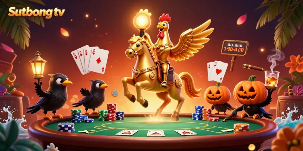 Sutbong tv showcases immersive casino action with a golden rooster hero at a lively poker table.