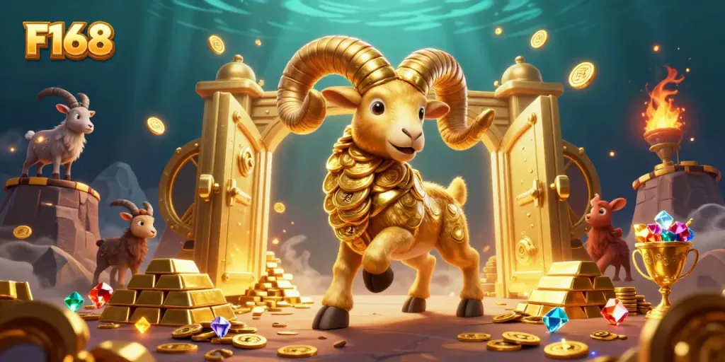 Experience F168's dynamic gaming atmosphere with treasures, gold, and energetic characters.