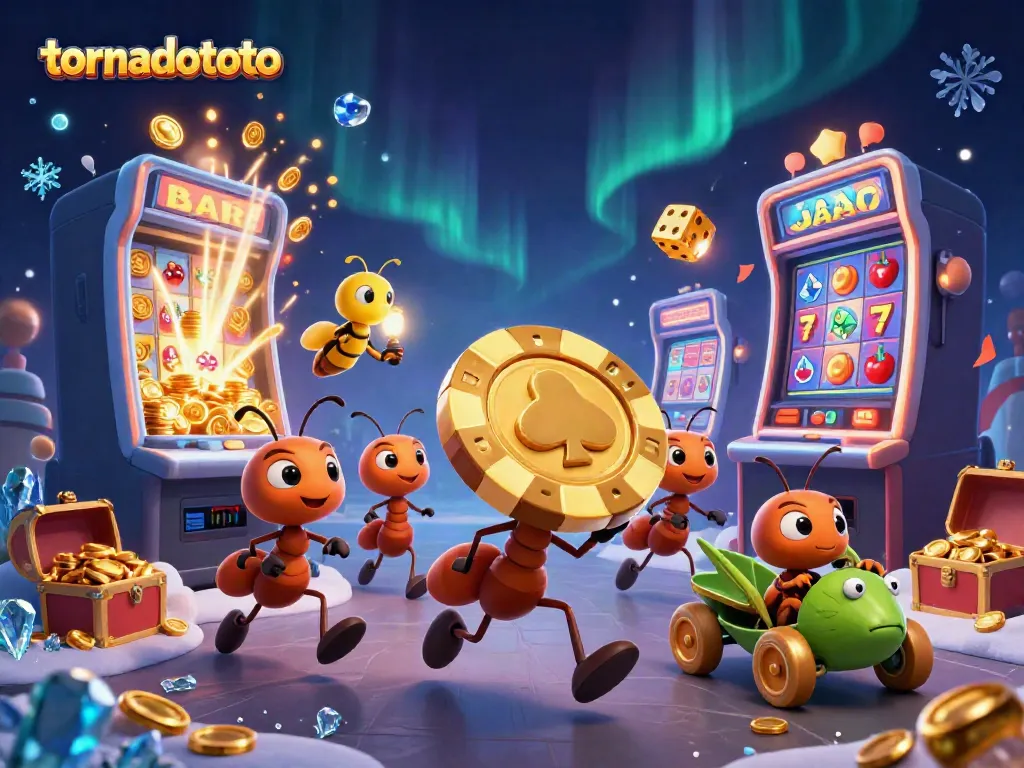 Join the tornadototo heist with ants carrying poker chips through a vibrant casino tunnel.