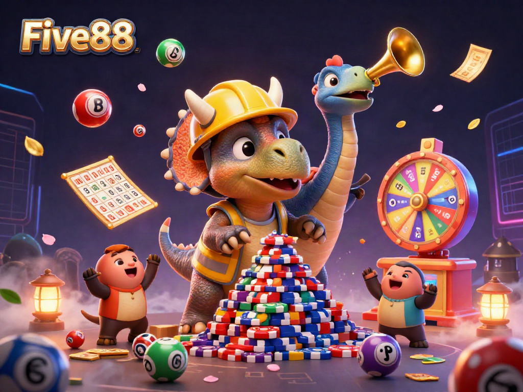 Experience the thrill of Five88 with a lively 3D illustration of cartoon dinosaurs celebrating casino games.