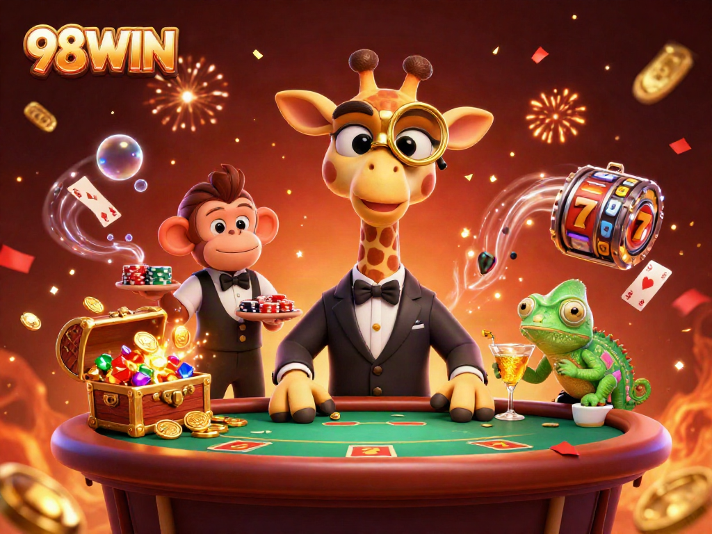Join the exhilarating experience of 98WIN with a high-roller giraffe and vibrant casino elements!