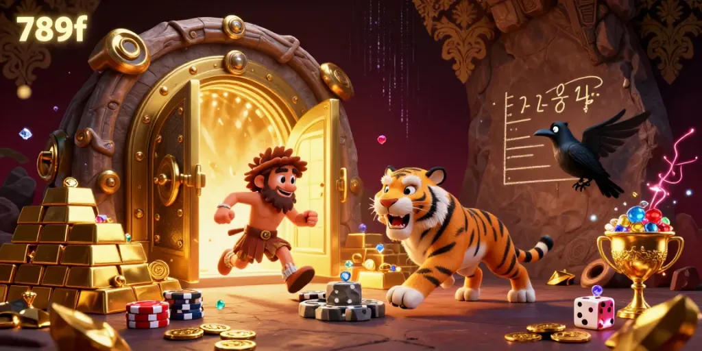 Experience exciting gameplay at 789f with animated caveman and tiger at a prehistoric casino.
