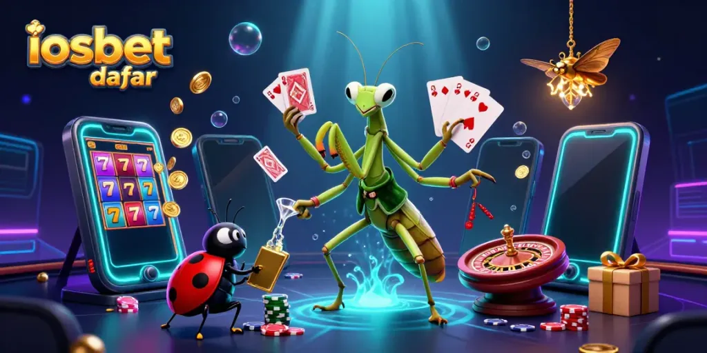 Ilustrasi 3D menggambarkan mantis yang mengocok kartu di iosbet daftar dengan efek visual menawan.