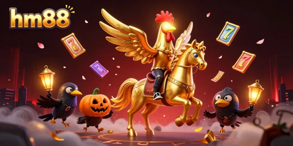 Experience the thrill of hm88 with golden rooster and pumpkin-headed crows in a vibrant casino.
