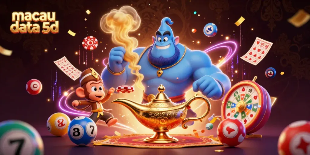 Hasil keluaran terbaru macau data 5d dalam ilustrasi menarik dengan lampu jin, bola lotere, dan banyak kegembiraan.