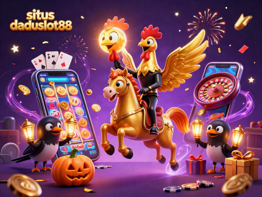 Situs daduslot88 menampilkan ilustrasi 3D kasino dengan karakter unik dan elemen permainan menarik.