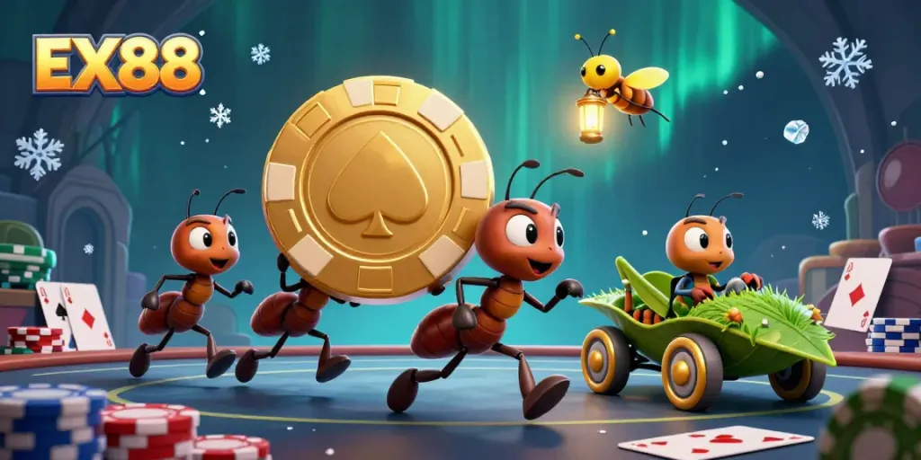 Experience EX88 casino action with cartoon ants racing to steal a giant poker chip, surrounded by poker elements.