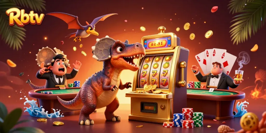 Rbtv menghancurkan mesin slot emas untuk mendapatkan jackpot koin dalam ilustrasi kasino yang penuh warna.