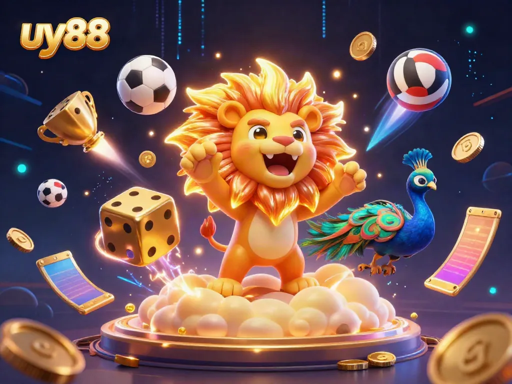 Engage in thrilling gameplay at uy88's vibrant casino scene, featuring golden characters and dynamic sports elements.