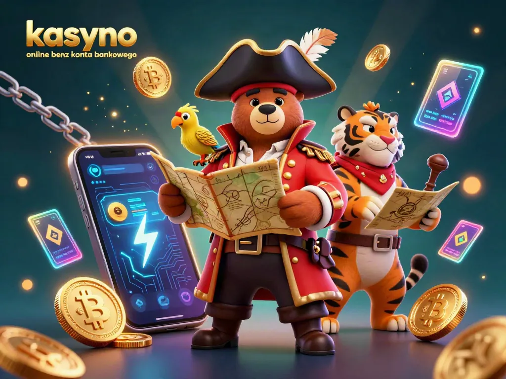 Play games at the kasyno online bez konta bankowego with pirate characters, Bitcoin, and Ethereum elements.