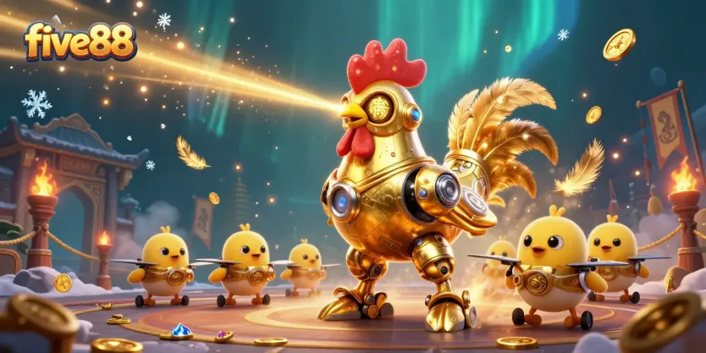 Engage with five88's thrilling gaming adventure as the robotic rooster unleashes golden laser beams.