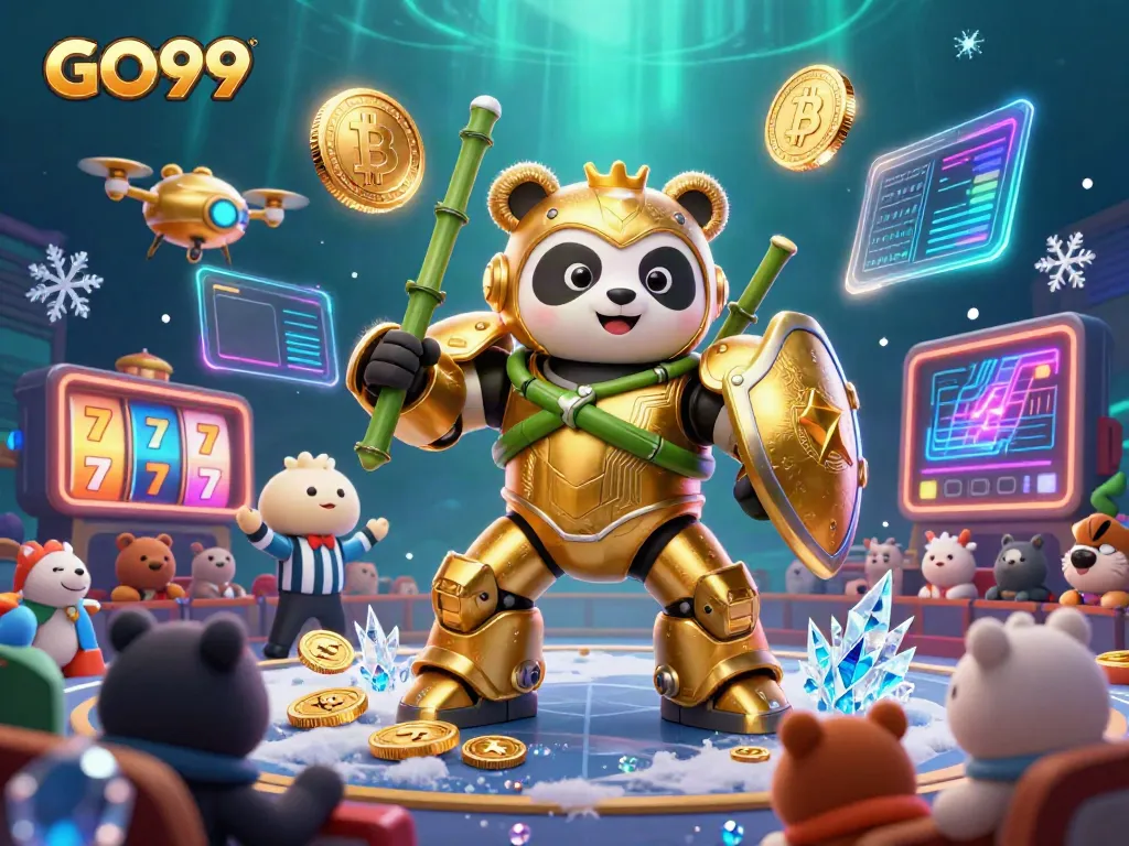 Engage with GO99 in a vibrant online gambling scene featuring a golden panda and high-stakes excitement.