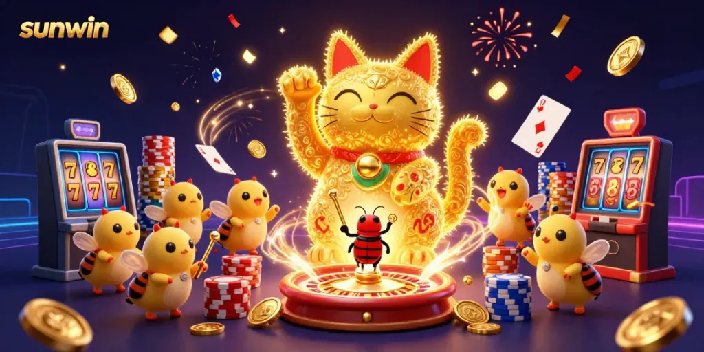 Experience the magic of sunwin with a giant lucky cat surrounded by casino symbols and vibrant visuals.