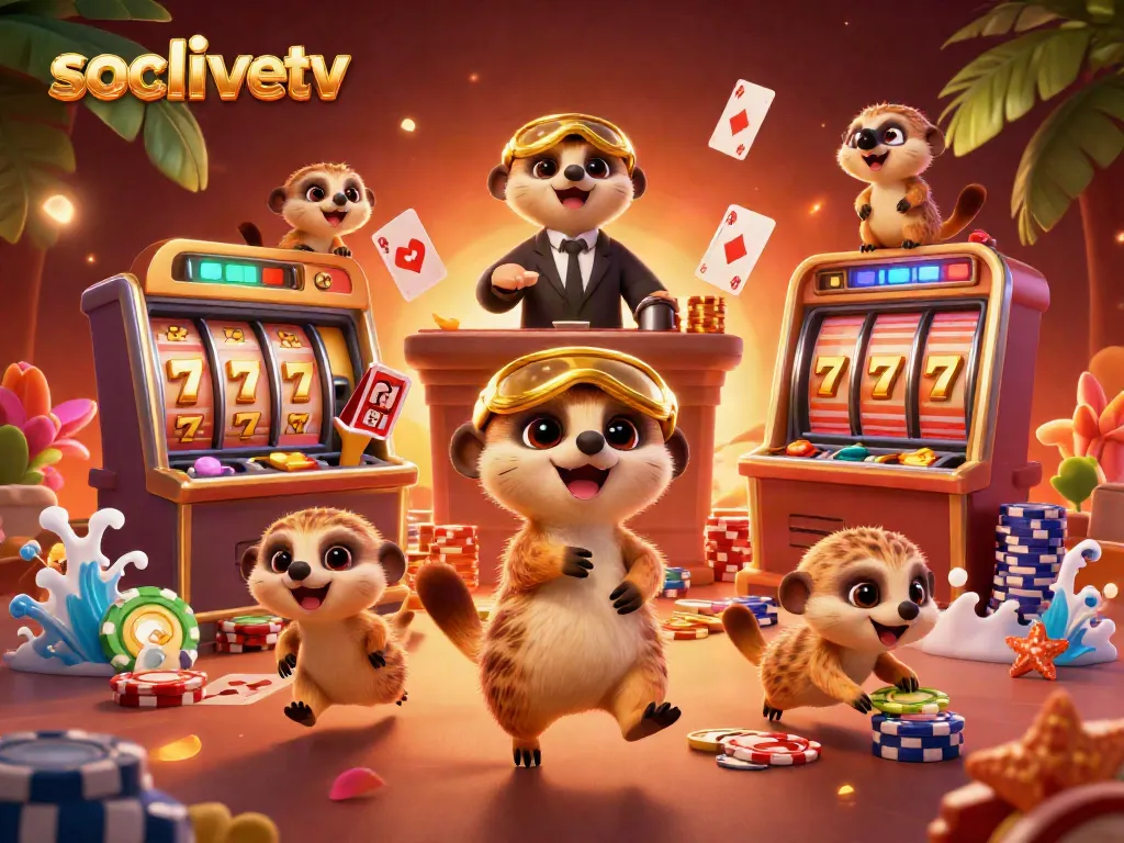 Experience thrilling gameplay at socolivetv with meerkat characters running an exciting casino scene filled with slots and cards.