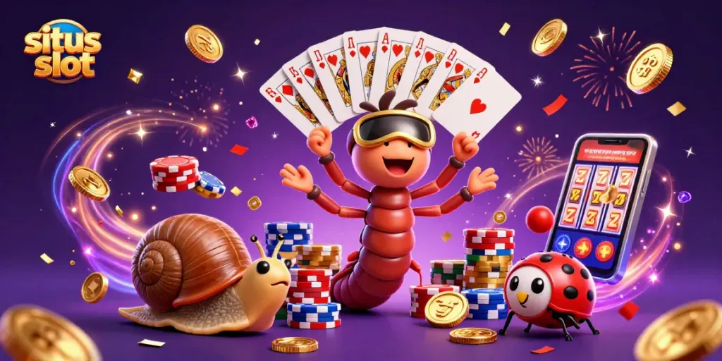 Experience excitement with situs slot in a lively casino scene featuring a millipede dealer and high-roller snail.