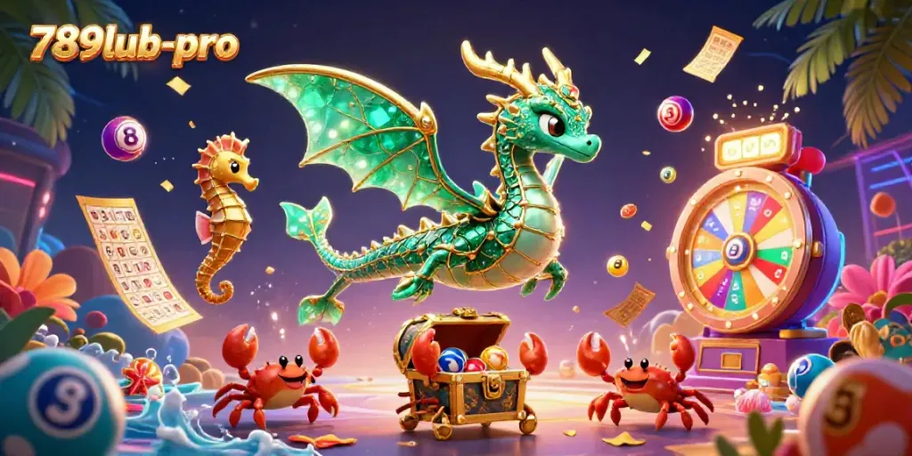 Engaging 789lub-pro casino scene with a sea dragon, royal seahorse, and crabs amidst vibrant lottery balls.