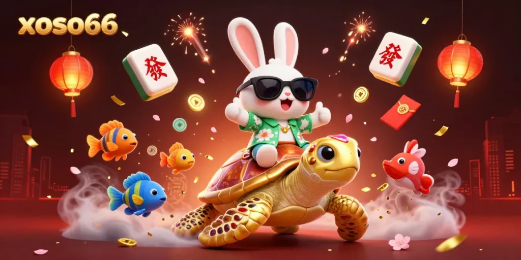Experience the thrilling luck of xoso66 with our cartoon lucky rabbit and golden turtle in a vibrant casino scene.