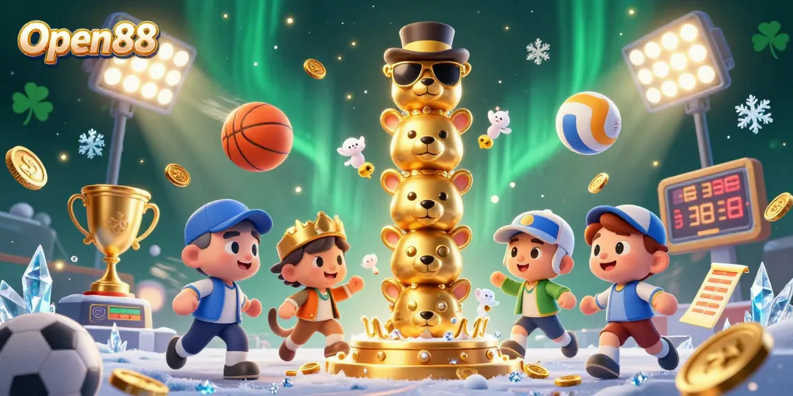 Join the excitement of Open88 with vibrant sports betting action in a dynamic 3D illustration.