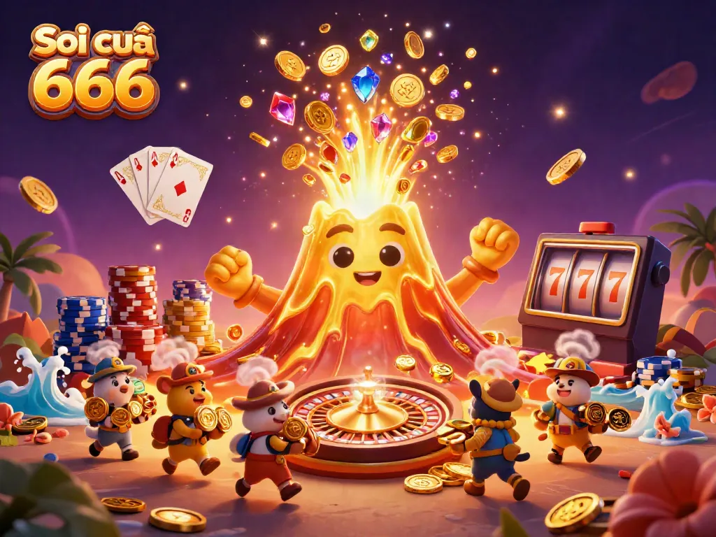 Soi cầu 666 shows a golden volcano erupting treasures with tiny animals fleeing amidst casino elements.