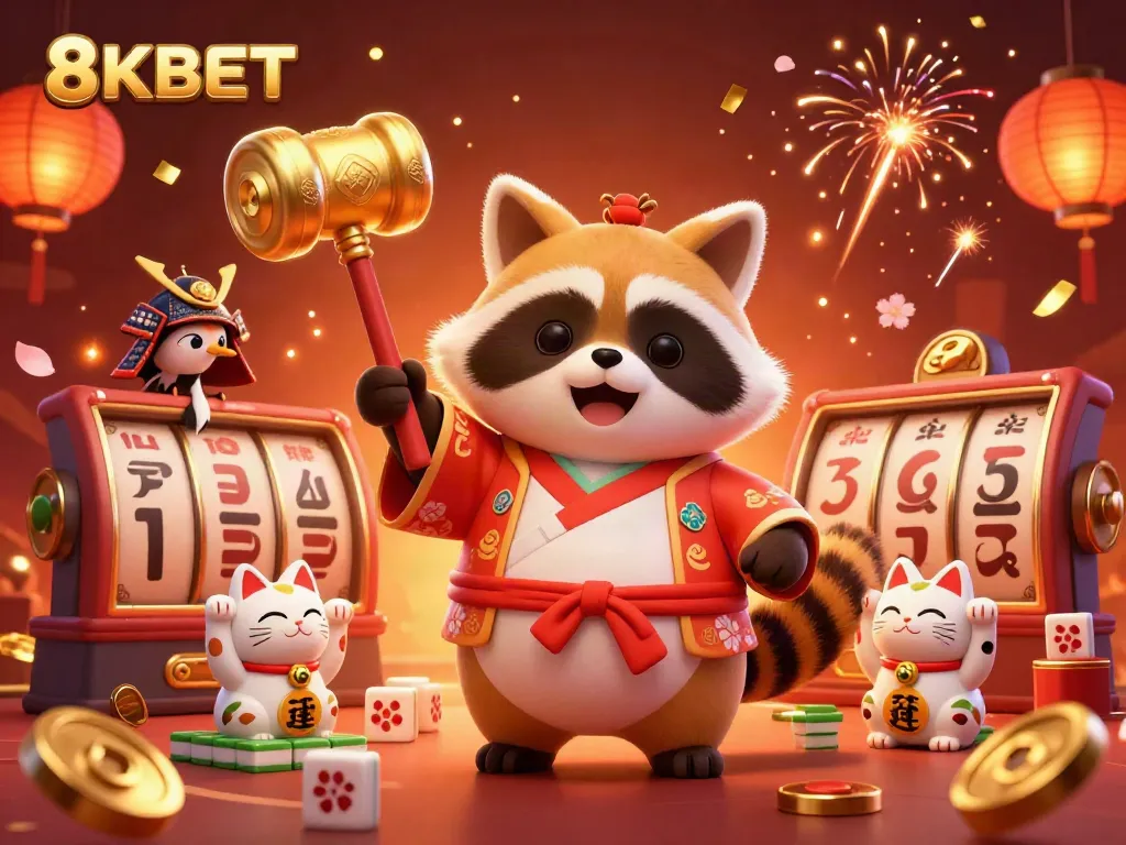 Join the excitement with 8KBET in this vibrant 3D casino illustration featuring cheerful characters and dynamic gambling elements.
