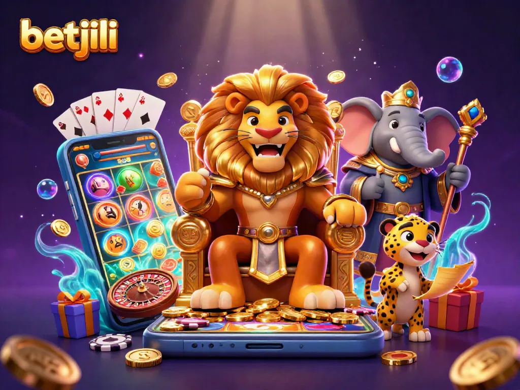 Experience betjili excitement with a fierce lion king, wise elephant, and swift cheetah in a vibrant casino scene.