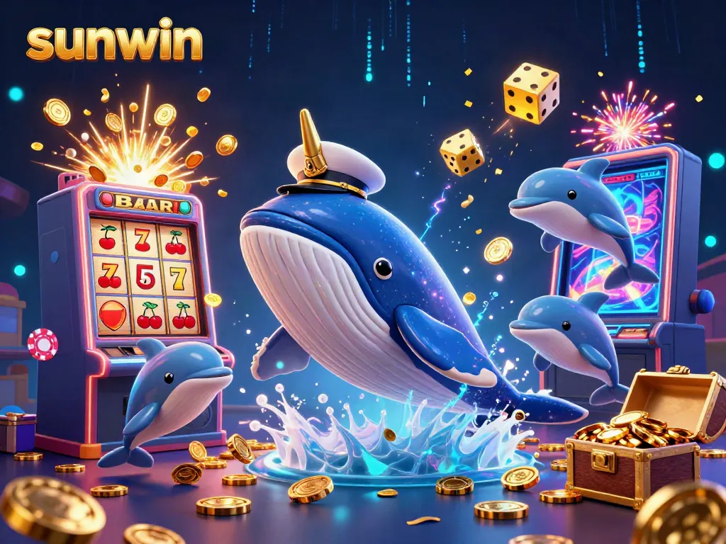 Experience the thrilling sunwin adventure with a whale breaching coins and playful dolphins amidst vibrant gaming elements.
