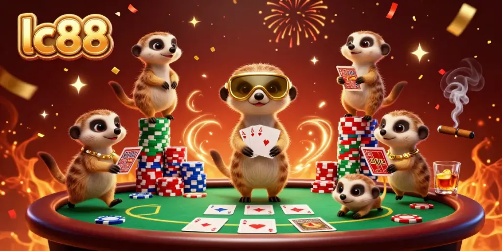 Meerkats operating a vibrant casino as pit boss and card dealers, themed "lc88".