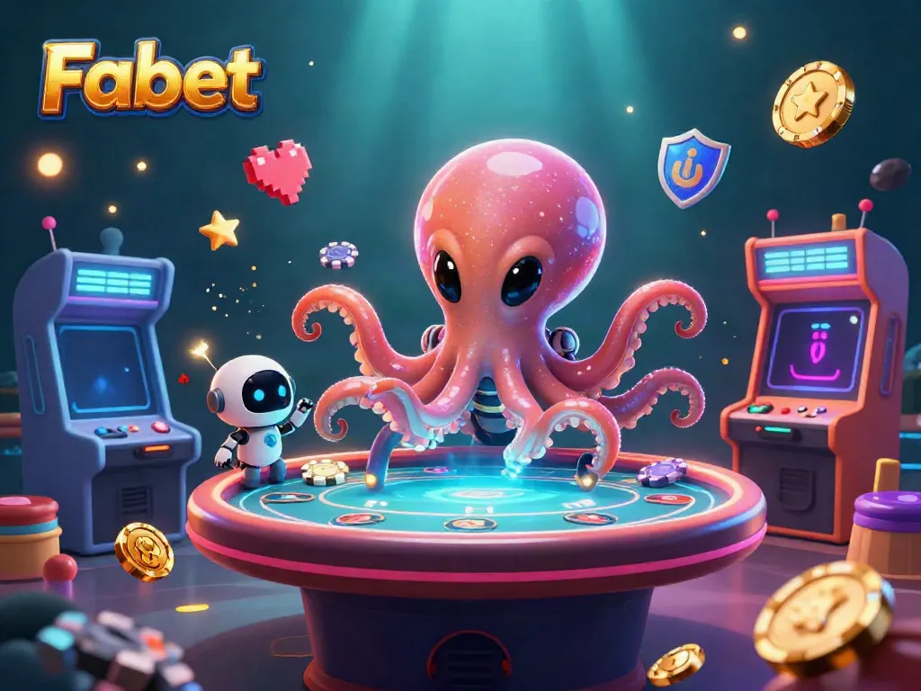 Fabet's alien octopus leads an exciting poker game in a vibrant cosmic casino.