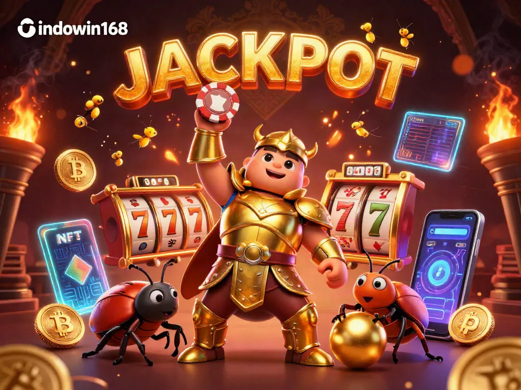 Spin to win with indowin168, featuring a heroic beetle lifting a poker chip in a vibrant casino setting.