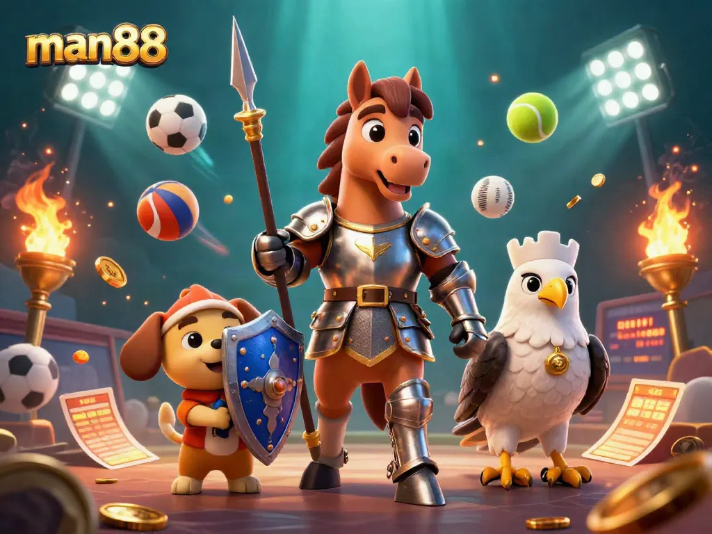Engage with man88's live betting experience featuring sports balls, knights, and rich casino elements.
