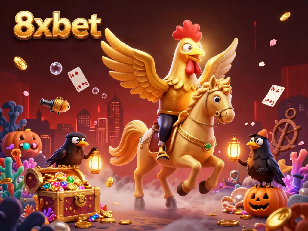 Experience the exciting gameplay of 8xbet with golden rooster characters and vibrant casino elements.