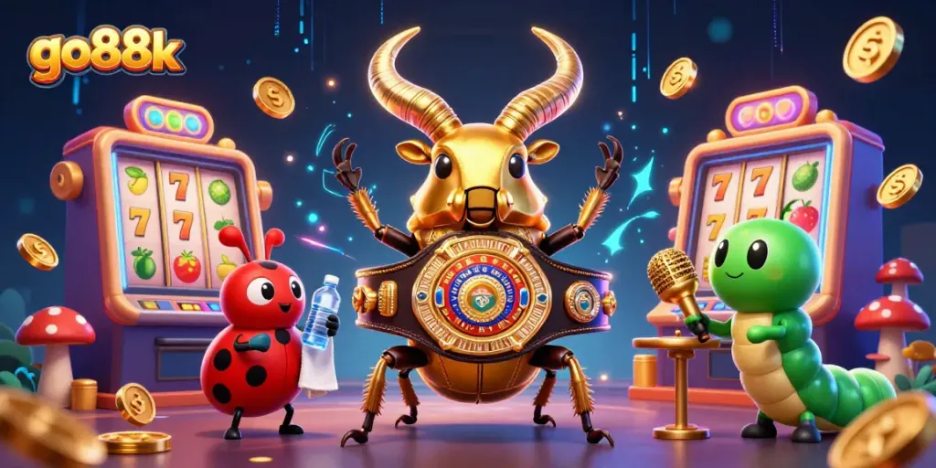 Experience the thrill at go88k with a vibrant casino scene featuring a giant stag beetle champion.