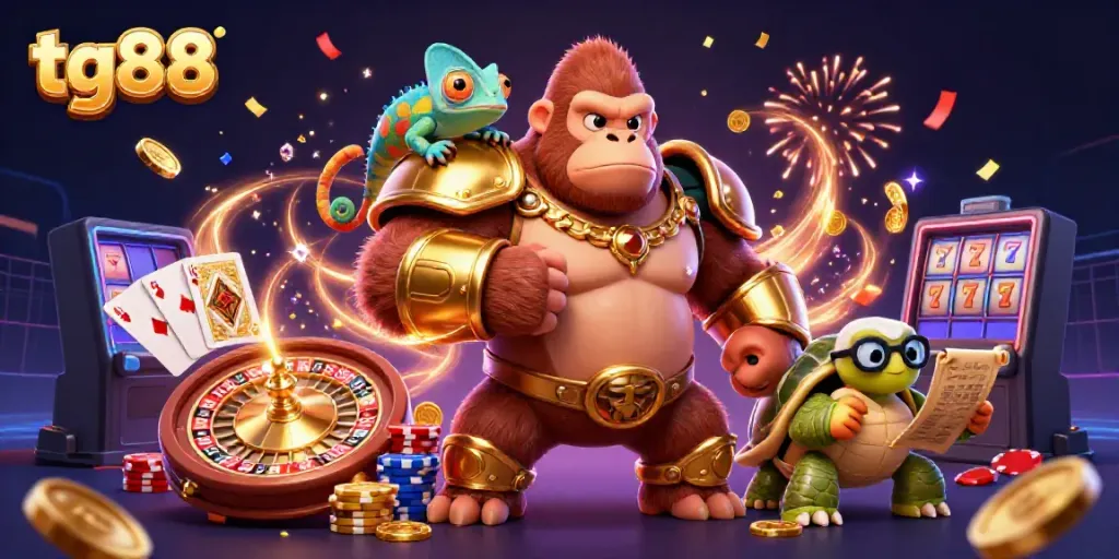 Experience excitement at tg88 with golden coins, colorful poker chips, and a dazzling 3D casino scene.