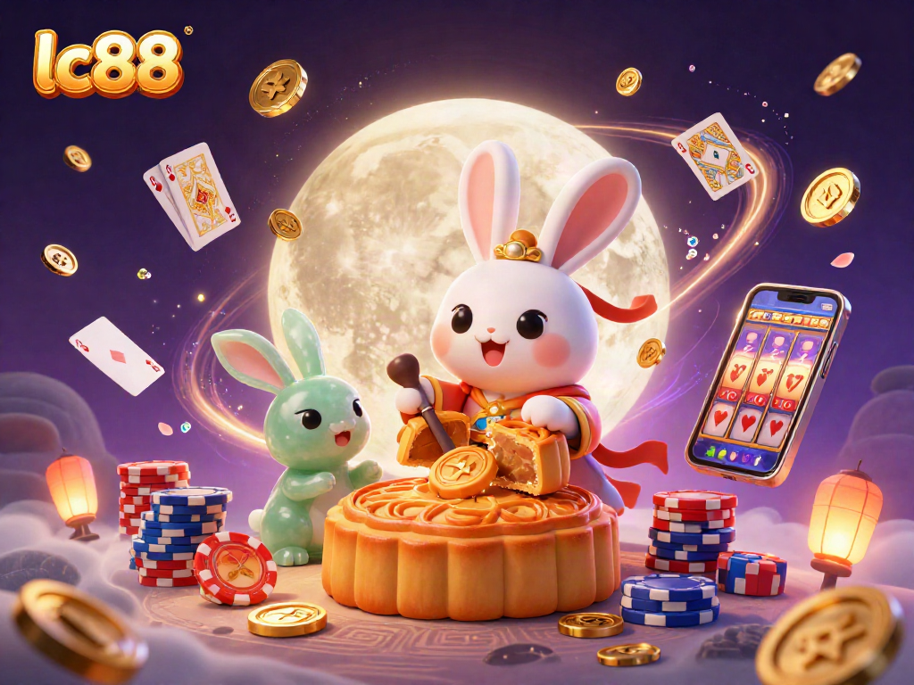 Engage in thrilling gaming adventures at lc88 with a captivating scene of a moon rabbit amidst casino treasures.