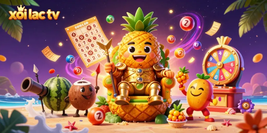 Experience the excitement of xoi lac tv with vibrant lottery elements and animated characters in this 3D scene.
