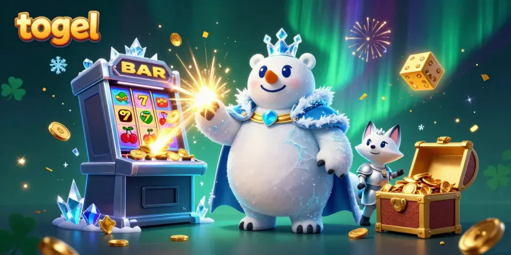 Permainan togel yang menarik dengan beruang kutub raja dan rubah salju dikelilingi elemen kasino.