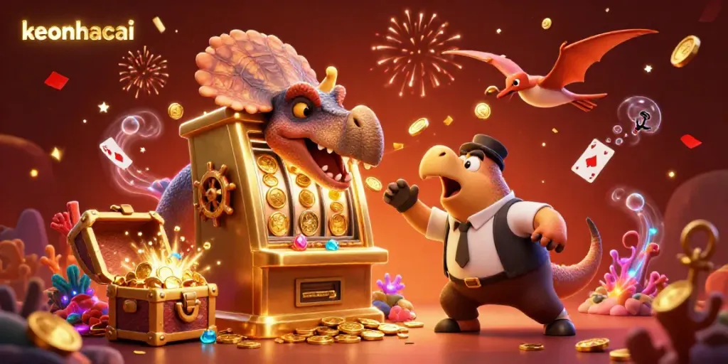 Engaging keonhacai scene where a pachycephalosaurus interacts with a slot machine, amidst a casino explosion of coins and celebratory elements.