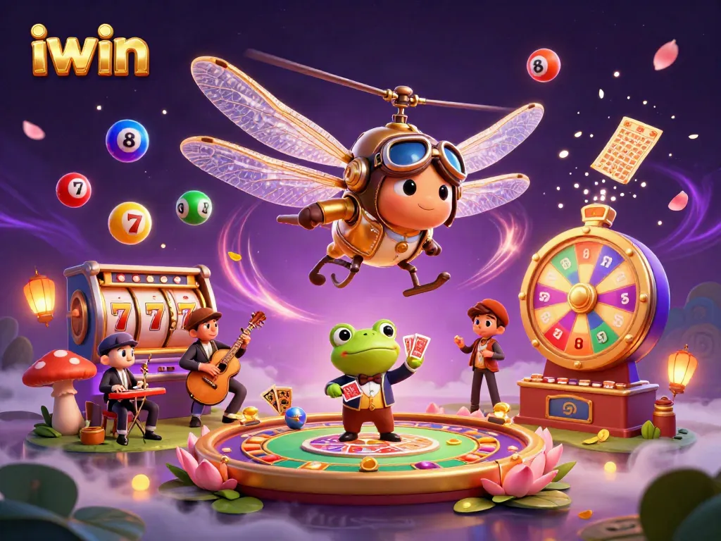 Experience iwin's exciting slots and casino action with a lively 3D illustrated scene featuring vibrant game elements.