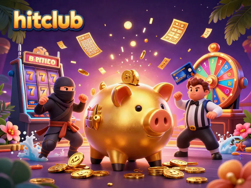 Engage with the hitclub gaming scene featuring celebratory golden piggy bank and casino elements.